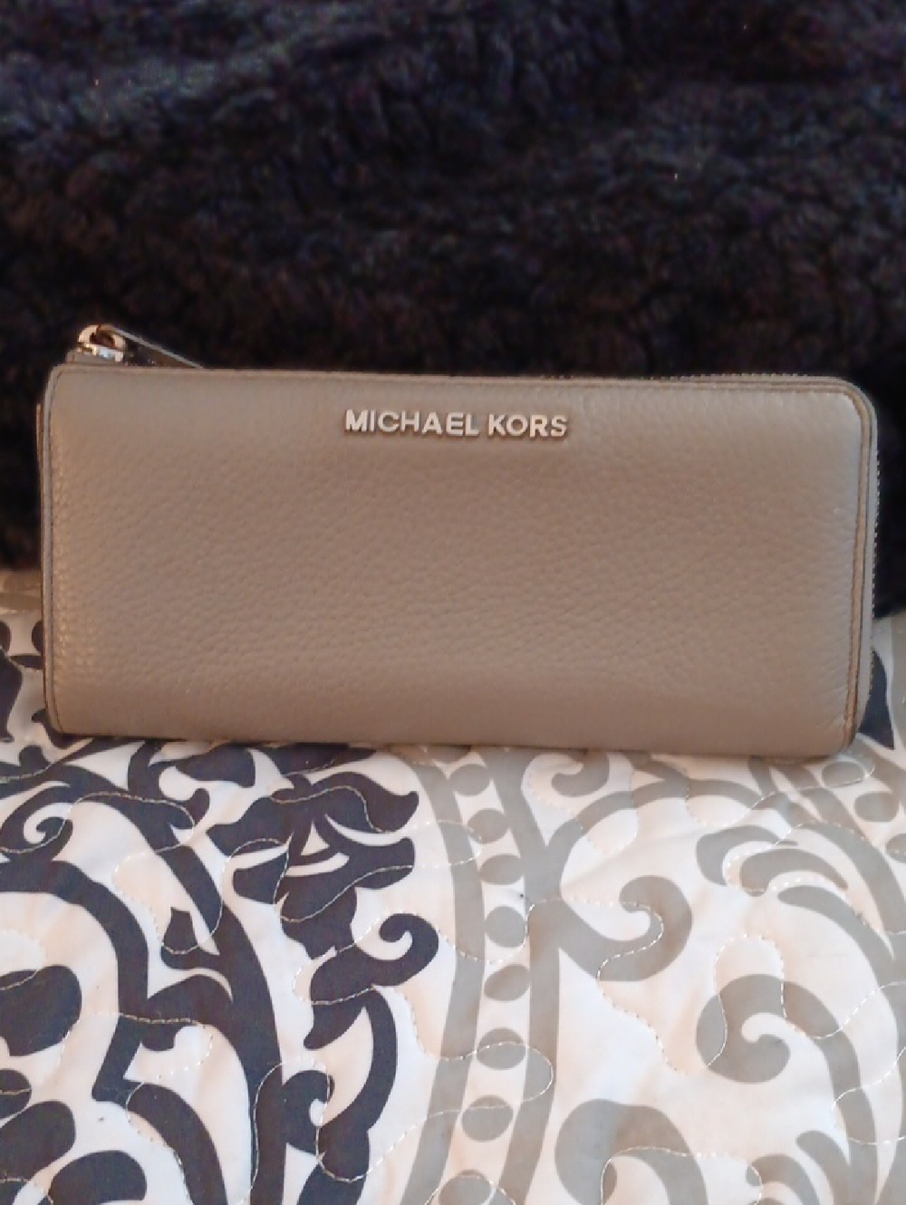 Michael Kors Gray Taupe Pebbled Leather Zip Wallet with Silver Logo